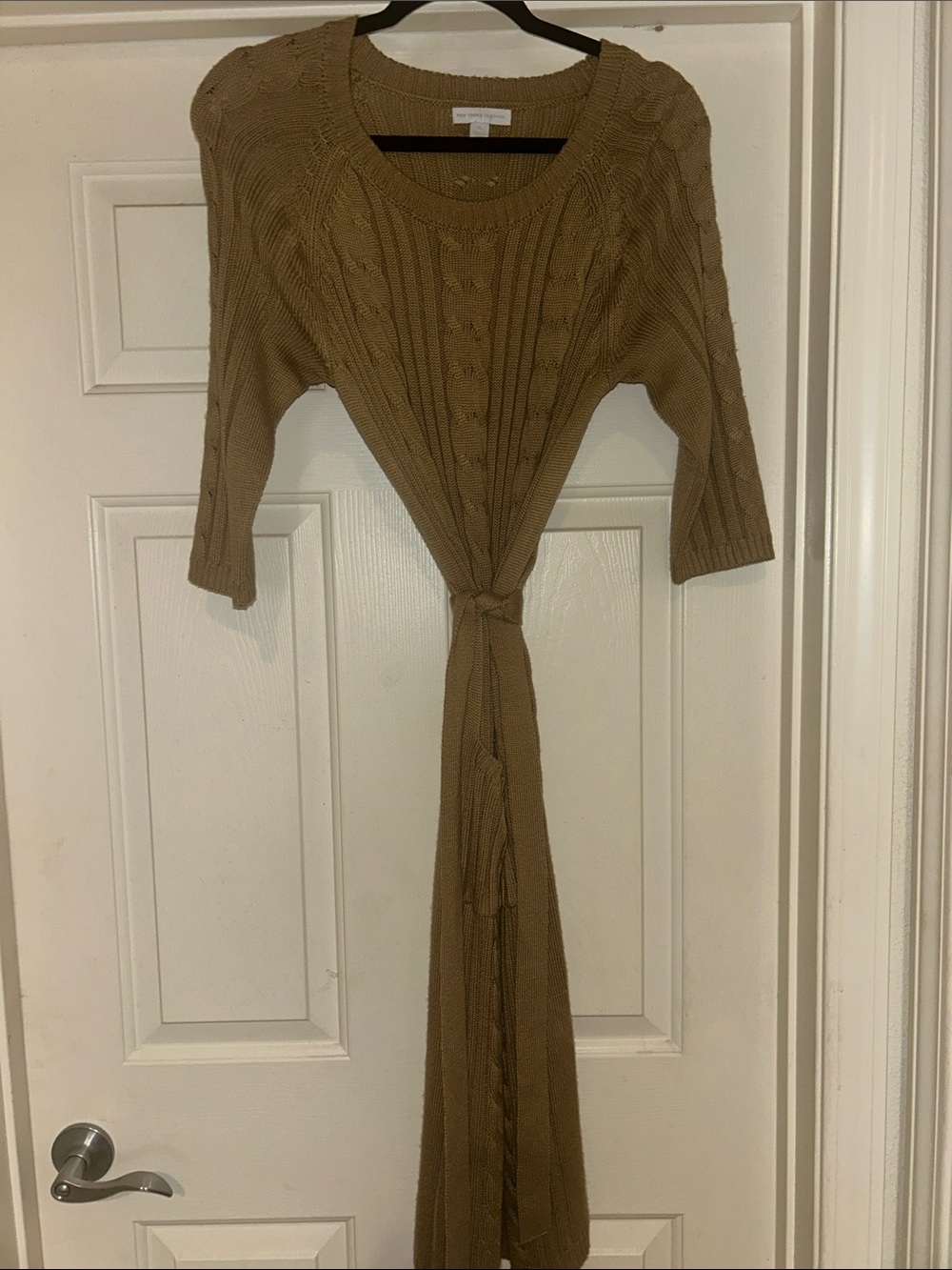 New York & Company Camel Knit Tie-Front Maxi Dress